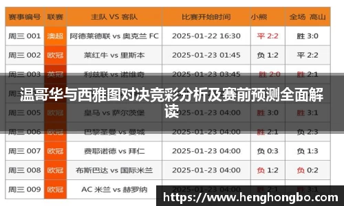 温哥华与西雅图对决竞彩分析及赛前预测全面解读
